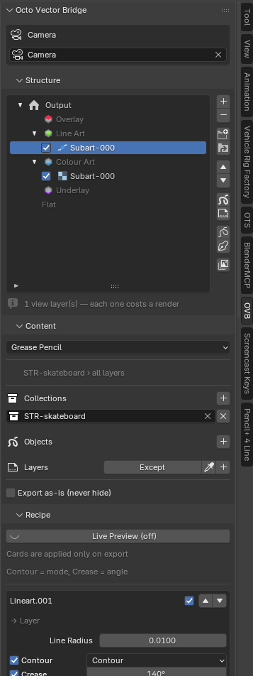 The OVB panel — Camera, Structure, Content, Recipe