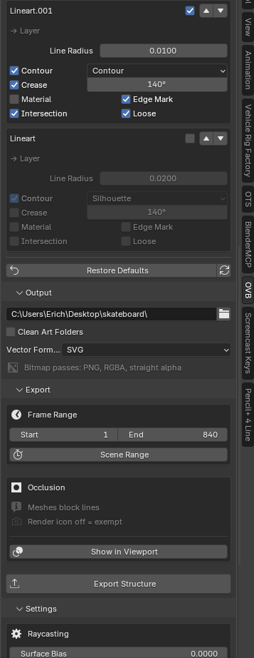 The OVB panel — Output, Export, Settings