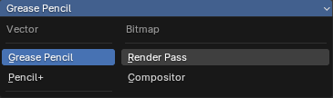 The Produces dropdown — Vector: Grease Pencil, Pencil+ · Bitmap: Render Pass, Compositor
