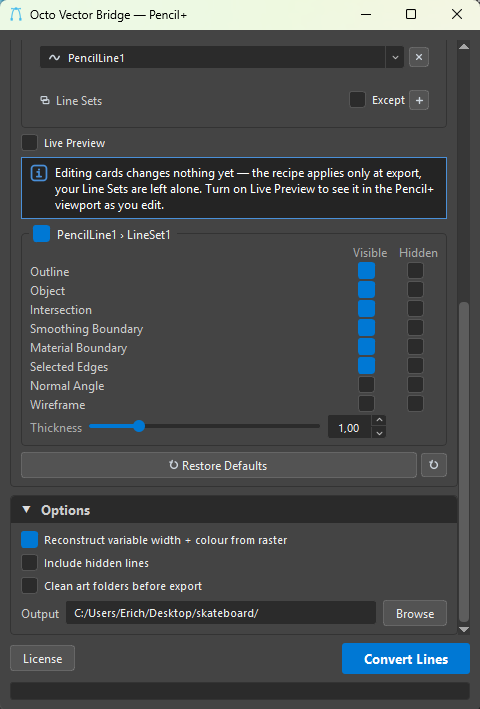 Maya — recipe card, Options, Convert